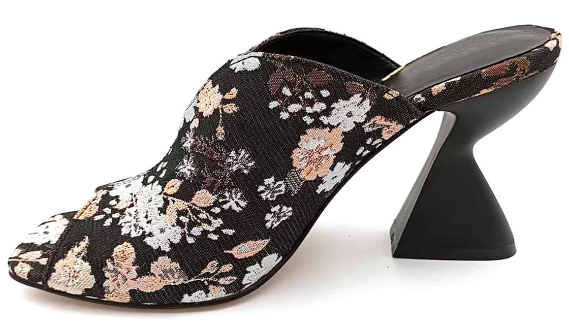 Brocade Jacquard Floral High Vamp Peep Toe Mule Con Sculpture Cake Stand Heel