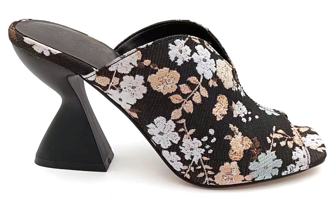 Brocade Jacquard Floral High Vamp Peep Toe Mule Con Sculpture Cake Stand Heel